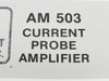 Tektronix AM503 Current Probe Amplifier Instruction Manual — close-up of cover title label reading AM503 Current Probe Amplifier