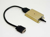 Custom 15-pin VGA video adapter box with attached DB-15 cable — angled front view showing gold aluminum enclosure