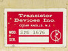Transistor Devices Inc SPS 1676 identification label – red and white nameplate reading Transistor Devices Inc, Cedar Knolls NJ, Model SPS 1676