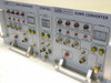 LNR DC4-D1 Down Converter front panel close-up showing alarm LEDs, RF LO and IF LO monitor points, +24VDC indicators, LO SELECT switch (INT/AUX), RF IN and IF OUT connectors, and POWER switch
