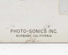 Photo-Sonics Inc. Burbank California logo detail on camera body showing paint wear and surface scuffing