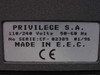 Eltron Privilege S.A. rating label closeup: 110/240V 50-60Hz, serial CF-02389, date 01/96, Made in E.E.C., CE mark