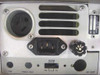 HP 8620C rear left panel close-up showing 3-pin power inlet, IEC connector, fuse cap, FM/Freq Ref/RF Out connectors, and FM/PL switch