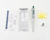 Hamilton 55019-05 25µL SoftGrip pipette with certificate of calibration, manual, calibration tool, and bag of yellow pipette tips laid out on white surface