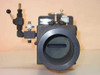 McPherson GCA film head assembly rear/front aperture view showing rectangular film slot gate opening and pneumatic valve with manual lever arm