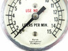Close-up of Marsh Instrument 0-15 LPM dial face showing scale graduations, pointer, and Liters Per Minute markings