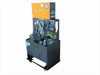 Rexroth Fibro UFMS Hydraulic Supply Unit — full front view of complete system, orange controller cabinet mounted above gray hydraulic reservoir/pump base on casters