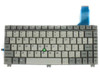 Toshiba P000197540 laptop keyboard front view – gray QWERTY layout with green TrackPoint nub, flat flex cable attached