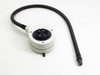 Leica 10446180 M-Series coaxial incandescent light source – front view showing dual-port ring mount, black electrical connector, and flexible fiber optic arm