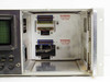 HP 2205A 141T open plugin bay — two large parallel plugin connectors with blue and gold contacts, dual Hazardous Voltage warning labels