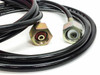 Close-up of Hydac hose end fittings showing brass hex connector and silver-face connector with hose marked HYDAC 0300 BAR
