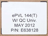 Uni-Solar ePVL-144T carton label showing model ePVL 144(T), QC Universe, May 2012, part number E638128