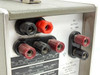 HP 400FL AC Voltmeter – rear upper terminal close-up showing black and red banana input jacks and AC output (1V RMS) terminals
