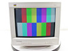 ViewSonic E655 VCDTS21526-4M 15 inch CRT monitor – straight-on front view, powered on with color bar test pattern, green power LED illuminated