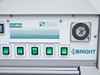 Bright OTF cryostat top panel showing Model OTF label, Bright Instrument Company contact sticker, analog defrost clock, and illuminated Mains/Demist/Cont/Light/Defrost push buttons