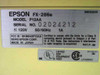 Epson FX-286e dot matrix printer rating label showing Model P12AA, 120V, 50/60Hz, 1A, Serial No. 02024212, Made in Japan