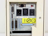 Sun 386i/150 rear power section showing dual IEC power inlets rated 10/5A and 3.0/1.5A, voltage selector warning labels, and on/off rocker switch
