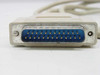 Close-up of DB25 male 25-pin connector end of parallel printer cable showing gold pins