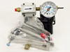 TMC Micro-g NAF2000 NAR2000 vibration isolation pod full assembly — SMC air filter, TMC pressure gauge, mounting bracket, and sealed hardware bag with leveling rods in foreground