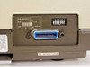 HP 2631B right rear panel — HPIB address DIP switches, SRQ EN toggle, and IEEE-488 HPIB 24-pin connector