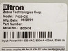 Eltron P420-CE rating label showing Zebra Technologies Corp. model, manufacture date 06/28/01, and input power 110-230 VAC 50-60 Hz