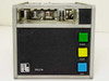 IT Delta tape deck front panel close-up showing green START, yellow STOP, and blue CUE pushbuttons, IT logo badge, and exposed tape transport heads at top
