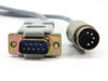 Close-up of DB9 male and 5-pin DIN male connectors on Y-splitter adapter cable — pin detail