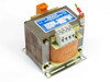 Hilvarenbeek Graus JGEO 200VA transformer – front-right three-quarter view showing nameplate label, primary terminal block, and copper winding