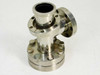 Perkin-Elmer MDC Conflat flange tee assembly – three-quarter front view showing tee body, large MDC base flange, and two CF stub flanges with bolts
