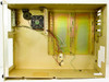 4U rackmount chassis interior view with side panel removed, showing 120mm case fan, wiring harness with power and LED leads, drive mounting rails, and empty expansion card guides