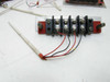 Thermco 4104 wiring block close-up – multi-terminal screw block on red PCB and aluminum bracket with red, black, and yellow lead wires and single ceramic probe