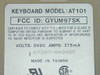 Dell AT101 keyboard – underside label showing model AT101, FCC ID GYUM97SK, 5VDC 275mA rating, Made in Taiwan, UL and CSA marks