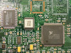 Close-up of NI PCI-GPIB/+ main chips: National Instruments TNT4882C-AQ, NI mMITE3-A (90G20F0003 Japan), and oscillator IC