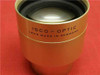 ISCO-Optic Ultra MC 35/70mm cinema projection lens — front angled view showing gold barrel with 'ISCO-OPTIC LENS MADE IN GERMANY' engraving