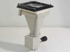 Nikon PFX Photomicrographic Shutter Assembly — front-right three-quarter view showing shutter body, 4x cone, open 4x5 back with ground glass viewer, and eyepiece