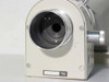 Nikon PFX shutter body rear view showing large circular microscope mounting port and 'ON' label, with aluminum control knob at right