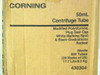 Corning 430304 50mL Centrifuge Tube box label close-up — showing specs: Modified Polystyrene, Plug Seal Cap, White Marking Spot, Black Graduations, Racked, Sterile, 500 Tubes (20 Racks of 25), 17.7 Lbs / 8.0 Kg