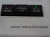 Graham Patton Systems 608 close-up of CH 1 Trans, Stereo Cut, and CH 2 Trans buttons with red and green LEDs, and MODEL 608 AUDIO MIXER label