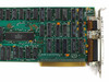 IBM 1501985 video card — close-up of bracket end showing DB-9 monochrome video output port, DB-25 parallel port, and 'BLACK & WHITE/PARALLEL' silkscreen label with Motorola MC6845P CRT controller chip visible
