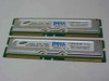 Samsung MR16R0824BN1-CG6 64MB RDRAM RIMM matched pair – front view showing silver heat spreaders and Dell Certified Memory labels