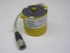 D22116200 PE 50 C6 rotary encoder – front-left view showing yellow housing, top shaft stub, label with 250 PULS/REV reference, and attached circular connector cable