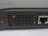 Linksys EFAH05W front panel close-up showing EtherFast 10/100 Auto-Sensing 5-Port Workgroup Hub label, Pwr/100/10/Col LEDs lit, port activity LEDs, and Uplink RJ-45 port with SW LED