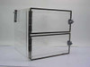 Dwyer RMA-6-SSV acrylic desiccator – front-right 3/4 view showing two-compartment cabinet with black rubber door seals, toggle clamp latches, and flow meter on left side panel