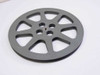 Plastic Reel Corp 16mm film reel, 13.75-inch diameter, dark gray plastic — front face view showing spoke pattern and center hub