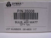 Close-up of Dymax Corporation box label showing P/N 35008, Bulb 400 Watt, Qty 1pc, Lot Number 0814805 117
