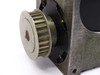 Sankyo Sandex 6E Index Drive – closeup of toothed belt input pulley and input shaft with black bearing flange
