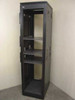 Winstead 90-inch black 19-inch rackmount cabinet front-left view, door open showing 4 shelves and vented side panels