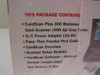 CardScan Plus 300 box contents list showing scanner, 14.5V A/C adapter, pass-thru parallel port cable, CardScan Overview, Setup Booklet, and CardScan Software Network Version