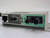 EtherCom EFM12N-T front panel showing RJ-45 MDI/MDIX port, dual ST fiber connectors, and LED status indicators