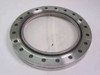 Vacuum Generators Ltd stainless steel viewport flange, 8-inch OD, viewed from front showing cracked glass pane and bolt-hole ring flange